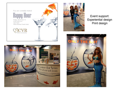 colage of photos of Center for Vein Restoration trade show booth and happy hour invite